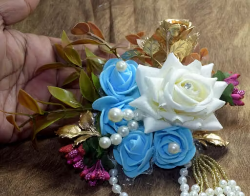 4 Pcs of White velvet & Blue foam Pearl Artificial Flower Bunch for Gift Packing, Decoration, Gifting, Trousseau Packing, Hampers - Image 3