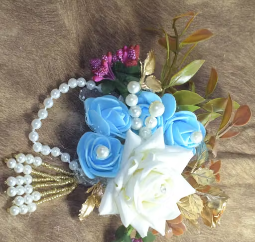 4 Pcs of White velvet & Blue foam Pearl Artificial Flower Bunch for Gift Packing, Decoration, Gifting, Trousseau Packing, Hampers - Image 4