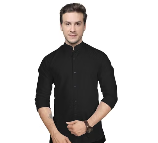 FIBERMILL Men's Solid Mandarin Black Shirts