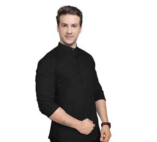 FIBERMILL Men's Solid Mandarin Black Shirts - Image 2
