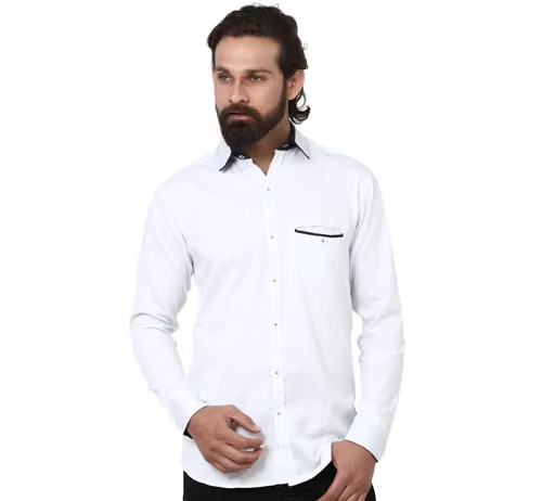 Men’s Premium Solid White Cotton Blend Shirt with Contrast Collar & Pocket Detail | Slim Fit Casual & Formal Wear Stylish Full Sleeve Shirt for Men - Image 2