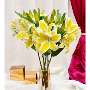 SATYAM KRAFT 3 Head Lily Artificial Flowers Sticks for for Gifting, Home Decor, Office, Bedroom, Living Room, Restaurant, Wedding, mandir, Outdoor Decoration, Window Display and Storefronts , Marriage Decoration (Without Vase Pot) (Yellow Pack of 1)