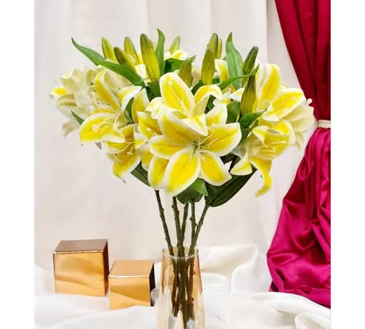 SATYAM KRAFT 3 Head Lily Artificial Flowers Sticks for for Gifting, Home Decor, Office, Bedroom, Living Room, Restaurant, Wedding, mandir, Outdoor Decoration, Window Display and Storefronts , Marriage Decoration (Without Vase Pot) (Yellow Pack of 1)