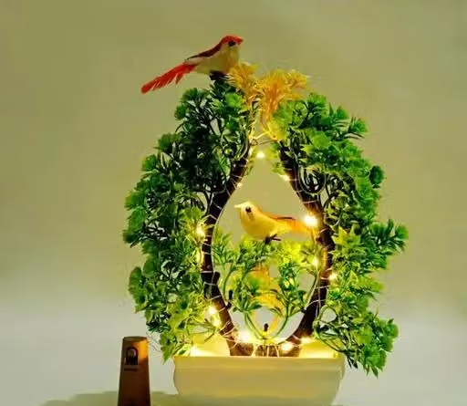 Artificial Bonsai Tree with Light & Sparrow - 'Living Room' Dining Table Decor |Home,Office Party Decor |Speacial Ocassion Indoor Decor | Festival Theme Decorative Gift for DIWALI | Perfect Gift for Couple - 23.5 CM - Yellow & Green Color