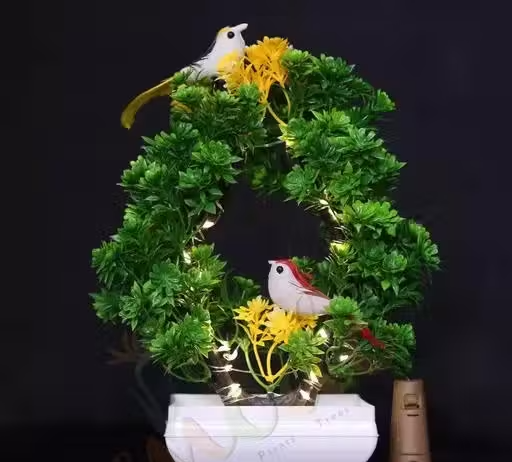 Artificial Bonsai Tree with Light & Sparrow - 'Living Room' Dining Table Decor |Home,Office Party Decor |Speacial Ocassion Indoor Decor | Festival Theme Decorative Gift for DIWALI | Perfect Gift for Couple - 23.5 CM - Yellow & Green Color - Image 2