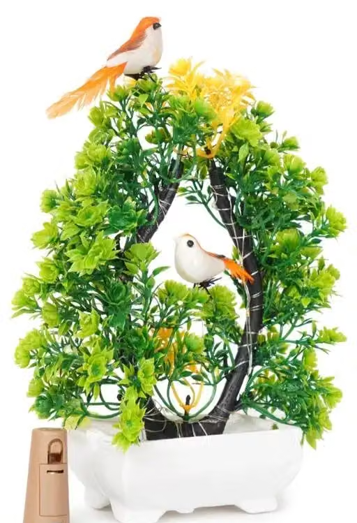 Artificial Bonsai Tree with Light & Sparrow - 'Living Room' Dining Table Decor |Home,Office Party Decor |Speacial Ocassion Indoor Decor | Festival Theme Decorative Gift for DIWALI | Perfect Gift for Couple - 23.5 CM - Yellow & Green Color - Image 4