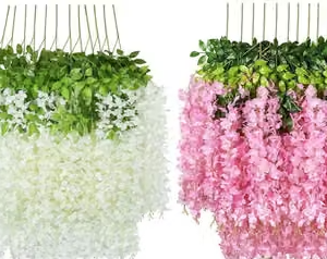 Creativo (Pack of 12) Artificial Hanging Wisteria Flower Vine| Hanging Silk Wisteria Orchid Flower Strings for Wedding Party, Garden Outdoor, Greenery, Wall Decoration (6 Pink + 6 White =12 Pcs)