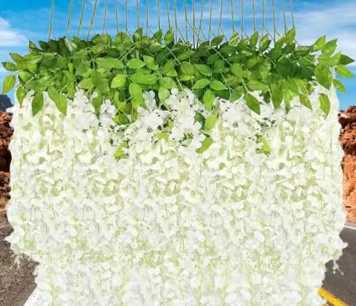 Artificial Flower Wisteria Hanging Vine for Home Decoration Flowers Decor Items Decorative Bunch Creepers Garlands Leaves Wedding Room, 110 CM (White, 6 Pieces)