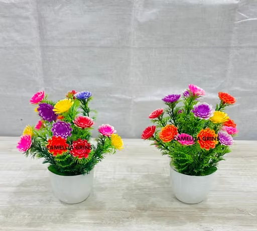 Camellia Grins Plastic Green Artificial Plants, Flower Decoration, Flower, Artificial Plants, Artificial Flowers with Pot for Home Decoration (Multicolor Flowers, Pack of 2)