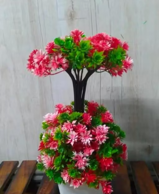 Artificial Flower Red Green With Pot For Home ,Office And Garden Decor Pack of 1