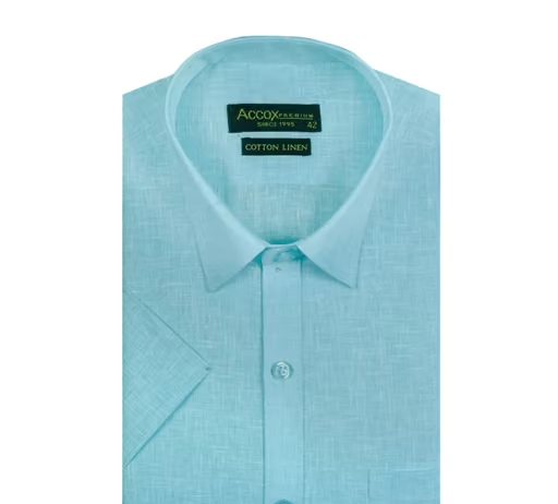 ACCOX Men's Half Sleeves Formal Regular Fit Cotton Linen Shirt(Ocean Blue,GO524)