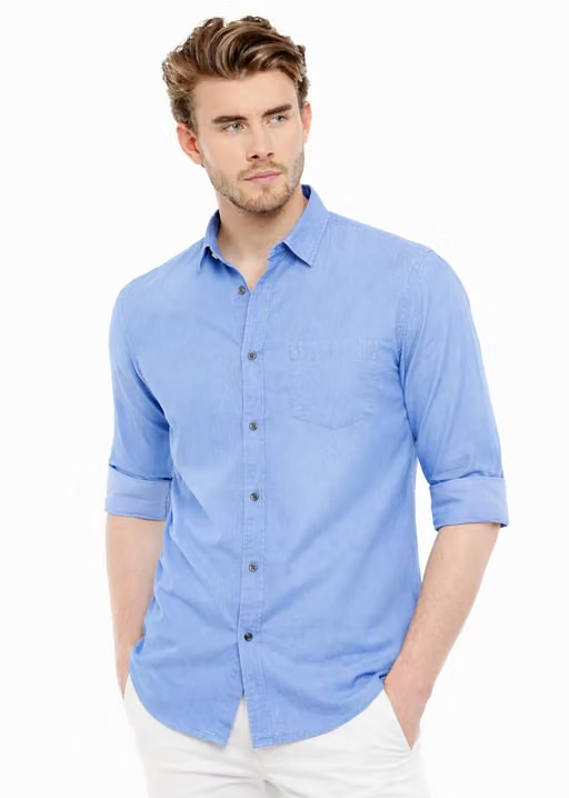 Men Light Blue Solid Casual Shirt with Single Pocket | Full Sleeves Cotton Shirt