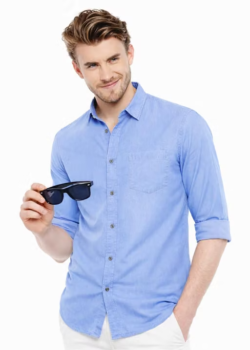 Men Light Blue Solid Casual Shirt with Single Pocket | Full Sleeves Cotton Shirt - Image 2