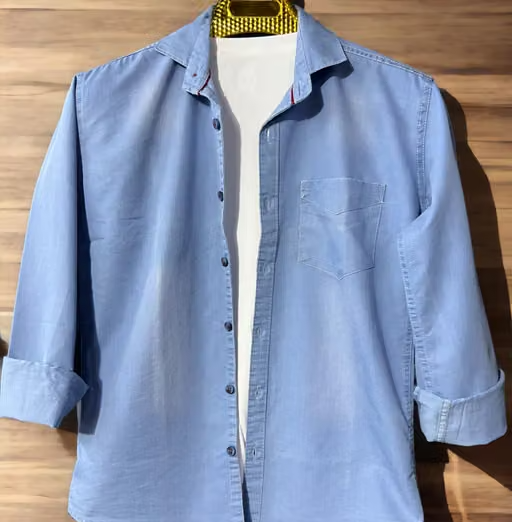 Men Light Blue Solid Casual Shirt with Single Pocket | Full Sleeves Cotton Shirt - Image 3