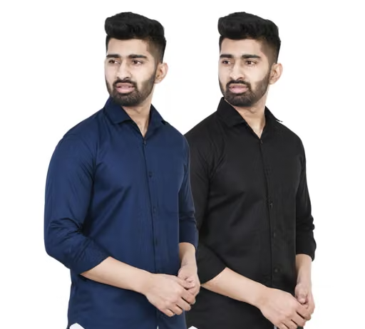 Youth First Men's Solid Spread Collar Navy Blue Shirts Pack 2