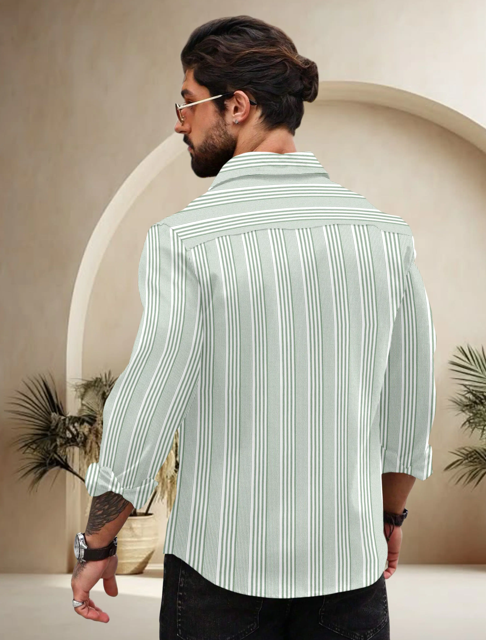 Cotton Blend Regular Fit Striped Full Sleeves Men's Casual Shirt - Green ( Pack of 1 ) - Image 2