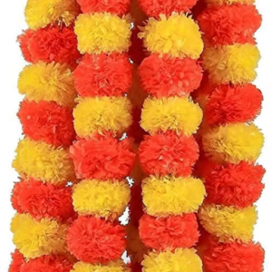 Rainbow Decor Fluffy Marigold Flowers Garlands for Festivals/ Pooja Room Decorations/ Wedding/ Housewarming/ Diwali Decorations/ Events /Home Decorations ( Lemon-Orange Approx. 4.5 to 4.9 ft- 5 Pieces)