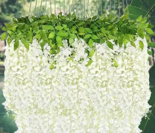 Pack of 6 Wisteria Artificial Flowers Garland Long Hanging Silk Bush Flowers String for Diwali, Wedding, Wall, Garden, Pooja Decorations (White)