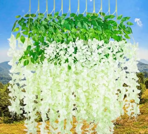 Pack of 6 Wisteria Artificial Flowers Garland Long Hanging Silk Bush Flowers String for Diwali, Wedding, Wall, Garden, Pooja Decorations (White) - Image 4