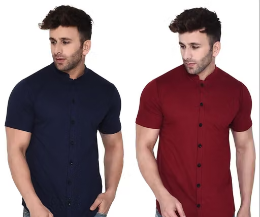Blisstone Men Solid Mandarin Collar Half Sleeve Shirt Pack of 2 (Navy Blue & Maroon)