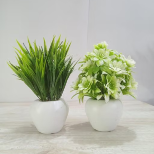 Skinshine Artificial Plant with White Plastic Pot for Home Decor | Decoration Items for Living Room | Decorative Table Top Indoor Plants Bonsai for Office Desks & Counters (Green, Greenish White), Set of 2