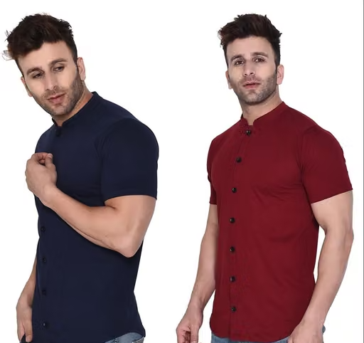 Blisstone Men Solid Mandarin Collar Half Sleeve Shirt Pack of 2 (Navy Blue & Maroon) - Image 3