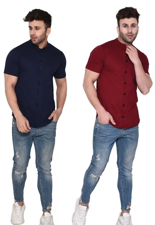Blisstone Men Solid Mandarin Collar Half Sleeve Shirt Pack of 2 (Navy Blue & Maroon) - Image 4