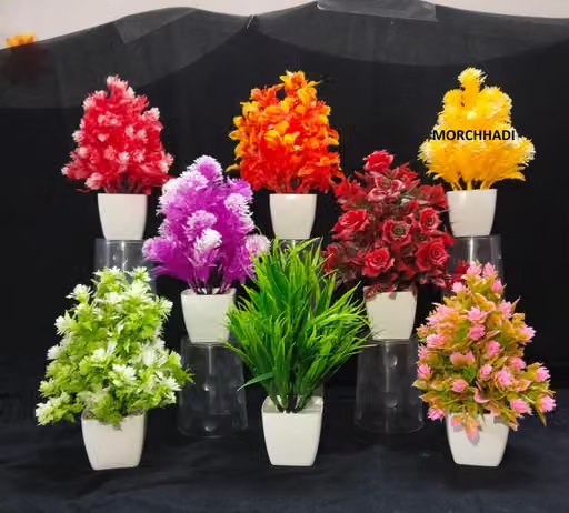 Morchhadi Artificial Flower Pots/Faux Plants Flowers with Pot, Studio Plants for Home Decor, Living Room, Balcony, Multicolor (Pack of 8)(Each have 18 cm height)
