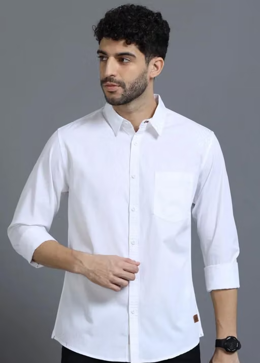 FREKMAN Men's White Plain Matty Cotton Full Sleeves Stylish Casual Shirt