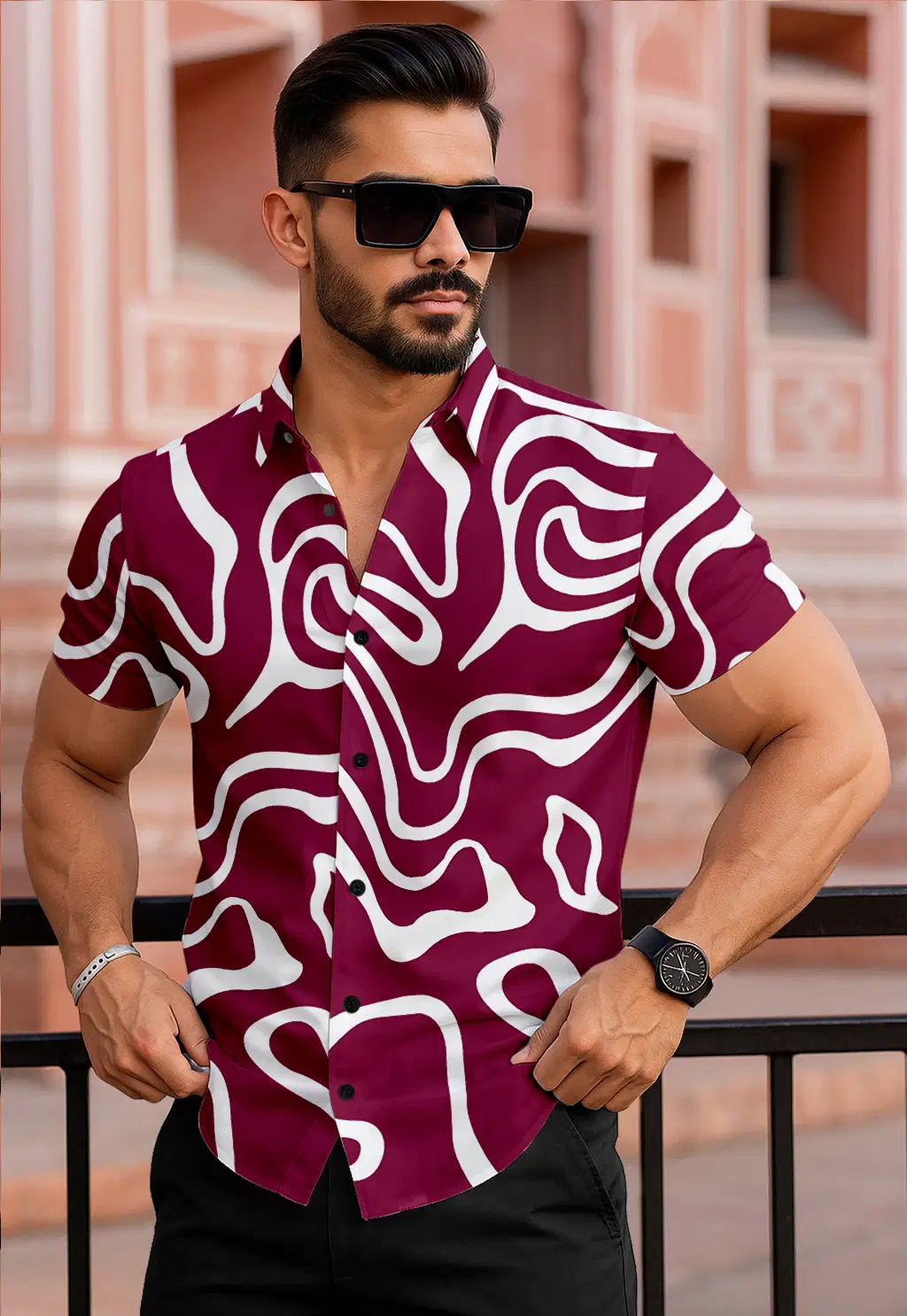 bollydolldesigner Lycra Regular Fit Printed Half Sleeves Men's Casual Shirt - Maroon ( Pack of 1 )