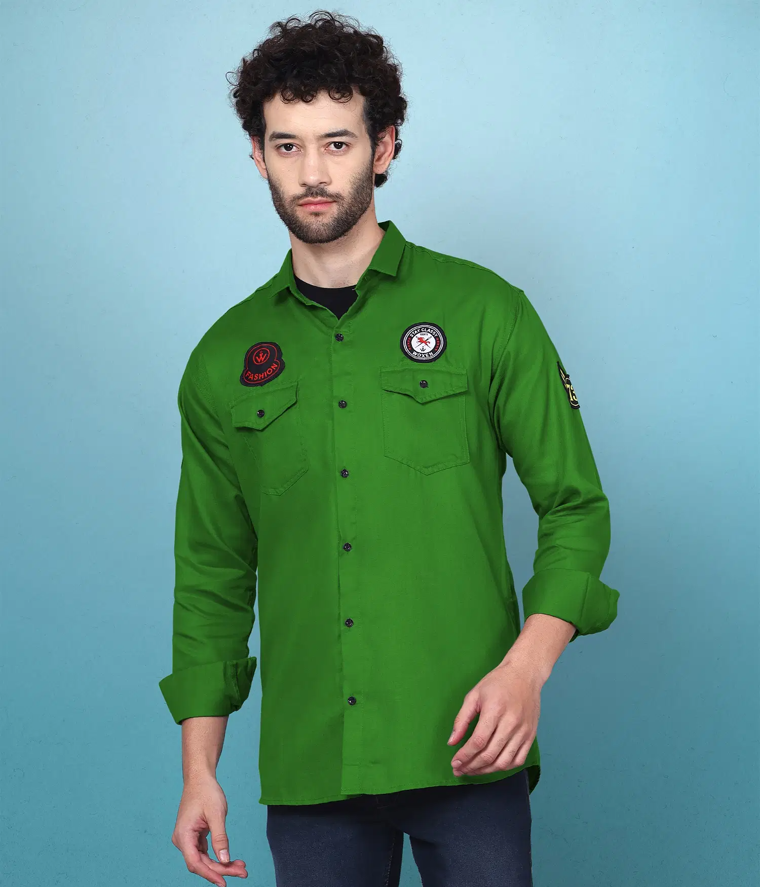 Cotton Blend Regular Fit Solids Full Sleeves Men's Casual Shirt - Green ( Pack of 1 ) - Image 2