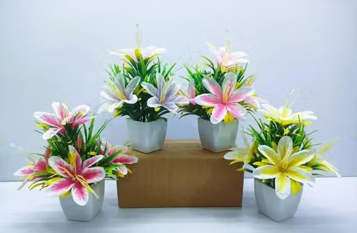 GOVIC Multicolor Stylish Design Bonsai Lily Wild Flower Plant for Home/Office Decor Multicolor Lily Artificial Flower with Pot (7 inch, Pack of 4)