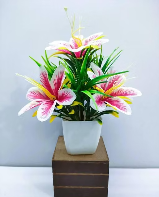 GOVIC Multicolor Stylish Design Bonsai Lily Wild Flower Plant for Home/Office Decor Multicolor Lily Artificial Flower with Pot (7 inch, Pack of 4) - Image 2