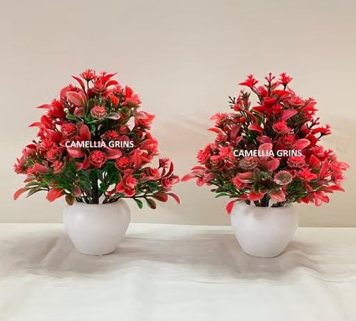CAMELLIA GRINS Artificial Plant For Home/Office Table Decoration or Gift ( Pack of 2, 18CM) Bonsai Wild Artificial Plant with Pot (18 cm, Green, Maroon)