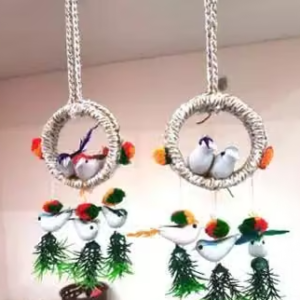 (Pack Of 02) Artificial Hanging Birds with Hanging Nest Showpiece With Birds for Home/Office/Kitchen Decorative Hanging Nest With Birds And Flowers