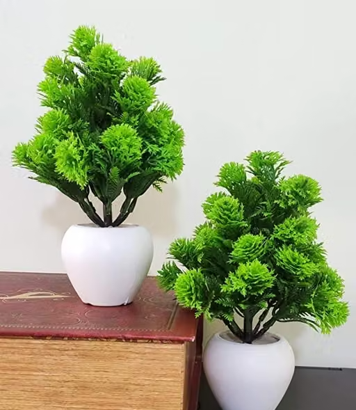 Bonsai Wild Artificial Green Plant With Pot Combo Of 2 . For Home decorate H~20cm