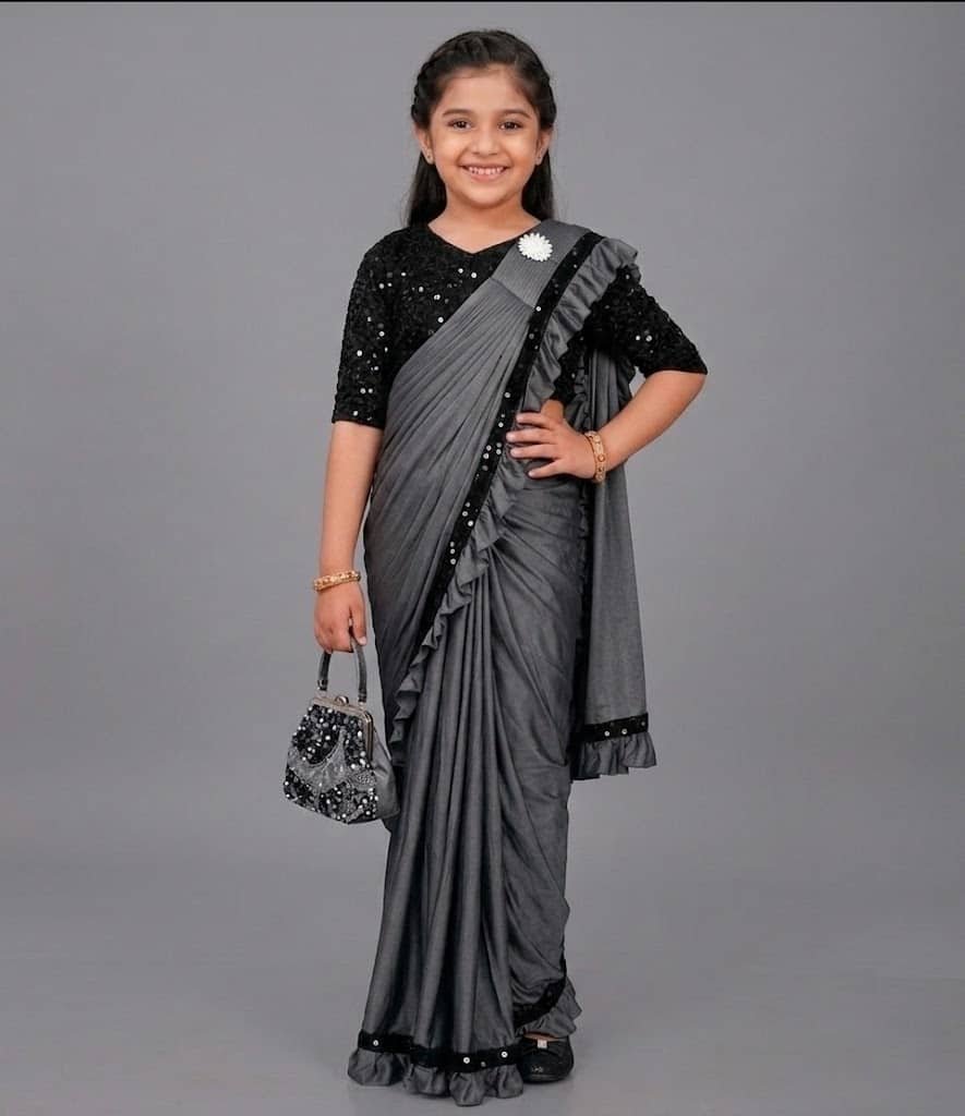 Lycra Ready To Wear Saree For Girls ( Grey , Pack of 1 )