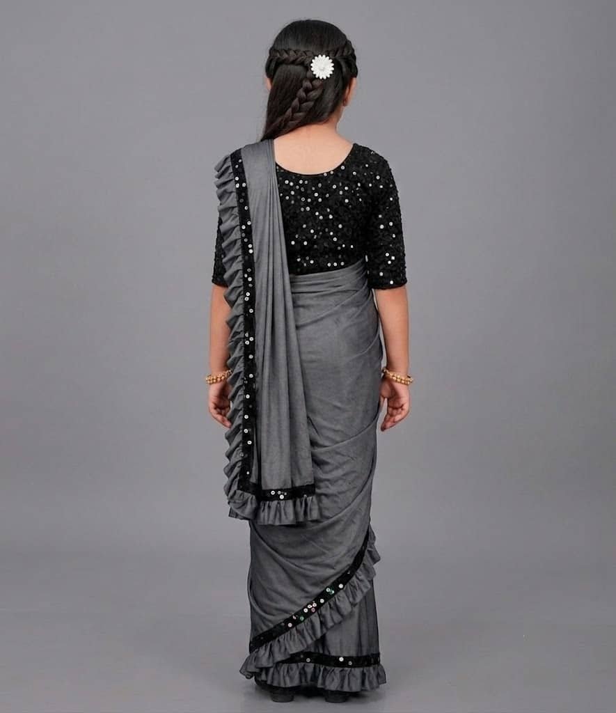 Lycra Ready To Wear Saree For Girls ( Grey , Pack of 1 ) - Image 2