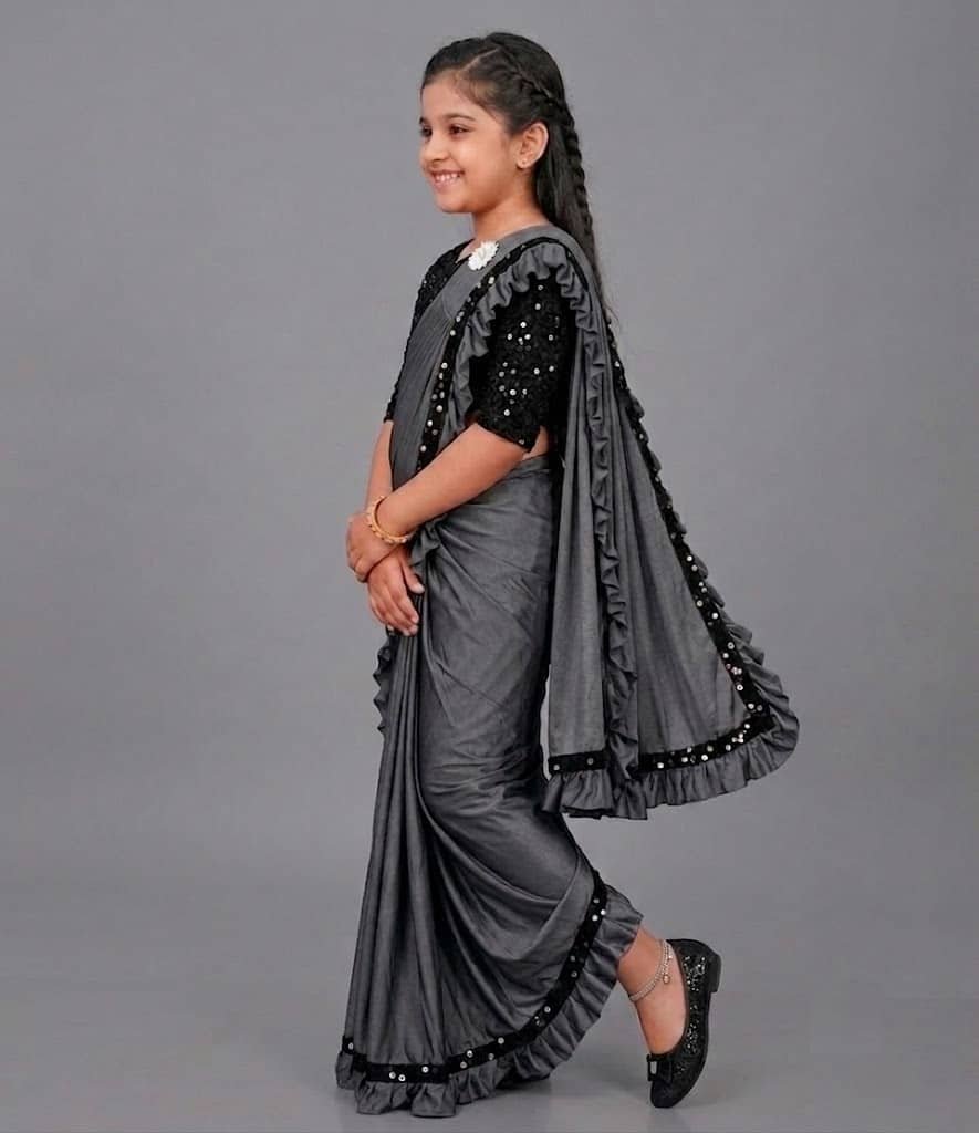 Lycra Ready To Wear Saree For Girls ( Grey , Pack of 1 ) - Image 3