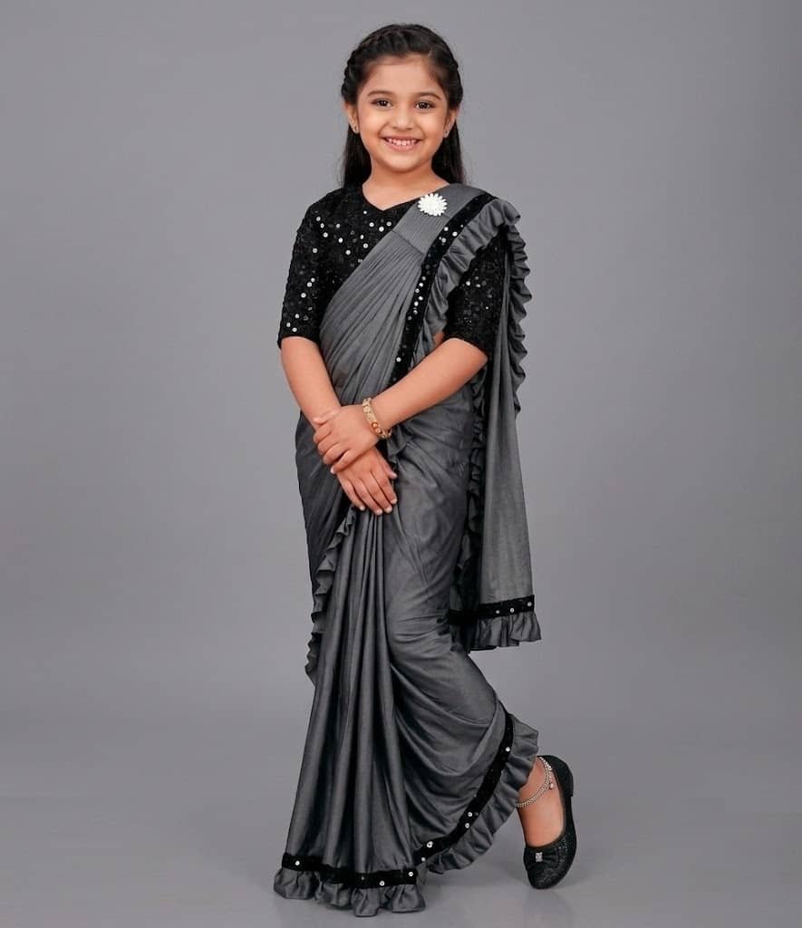 Lycra Ready To Wear Saree For Girls ( Grey , Pack of 1 ) - Image 4