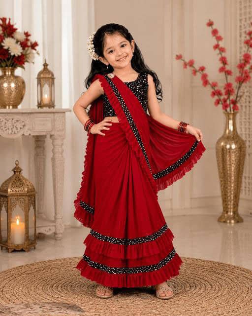 Lycra Ready To Wear Saree For Girls ( Maroon , Pack of 1 )