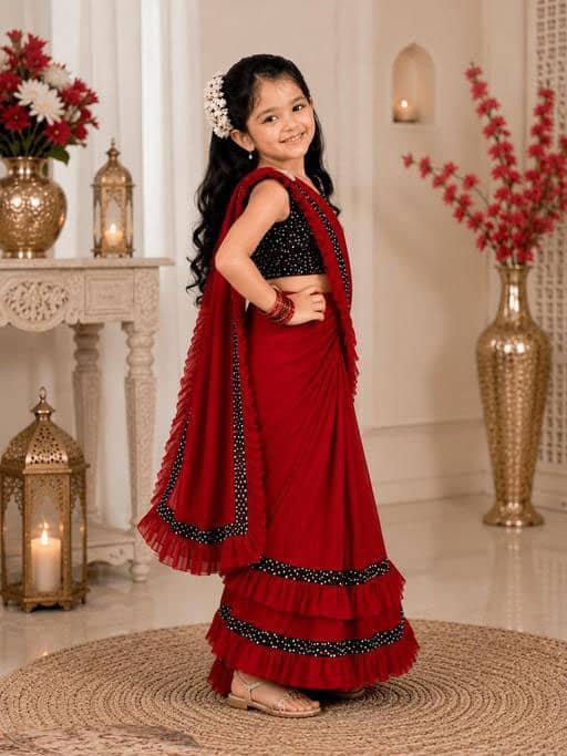 Lycra Ready To Wear Saree For Girls ( Maroon , Pack of 1 ) - Image 3