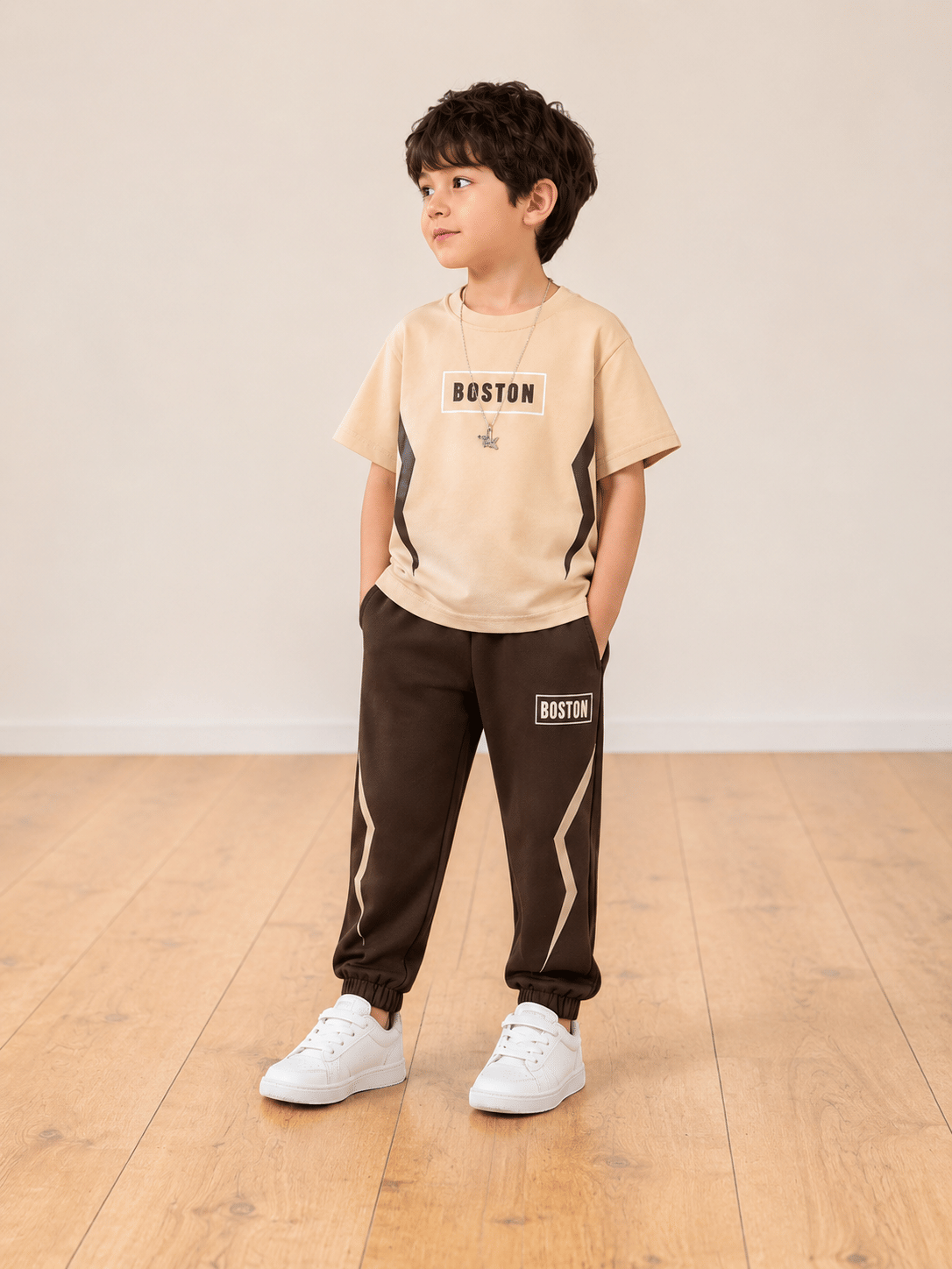 Boys Cotton T-Shirt & Pants Set ( Beige , Pack of 1 )