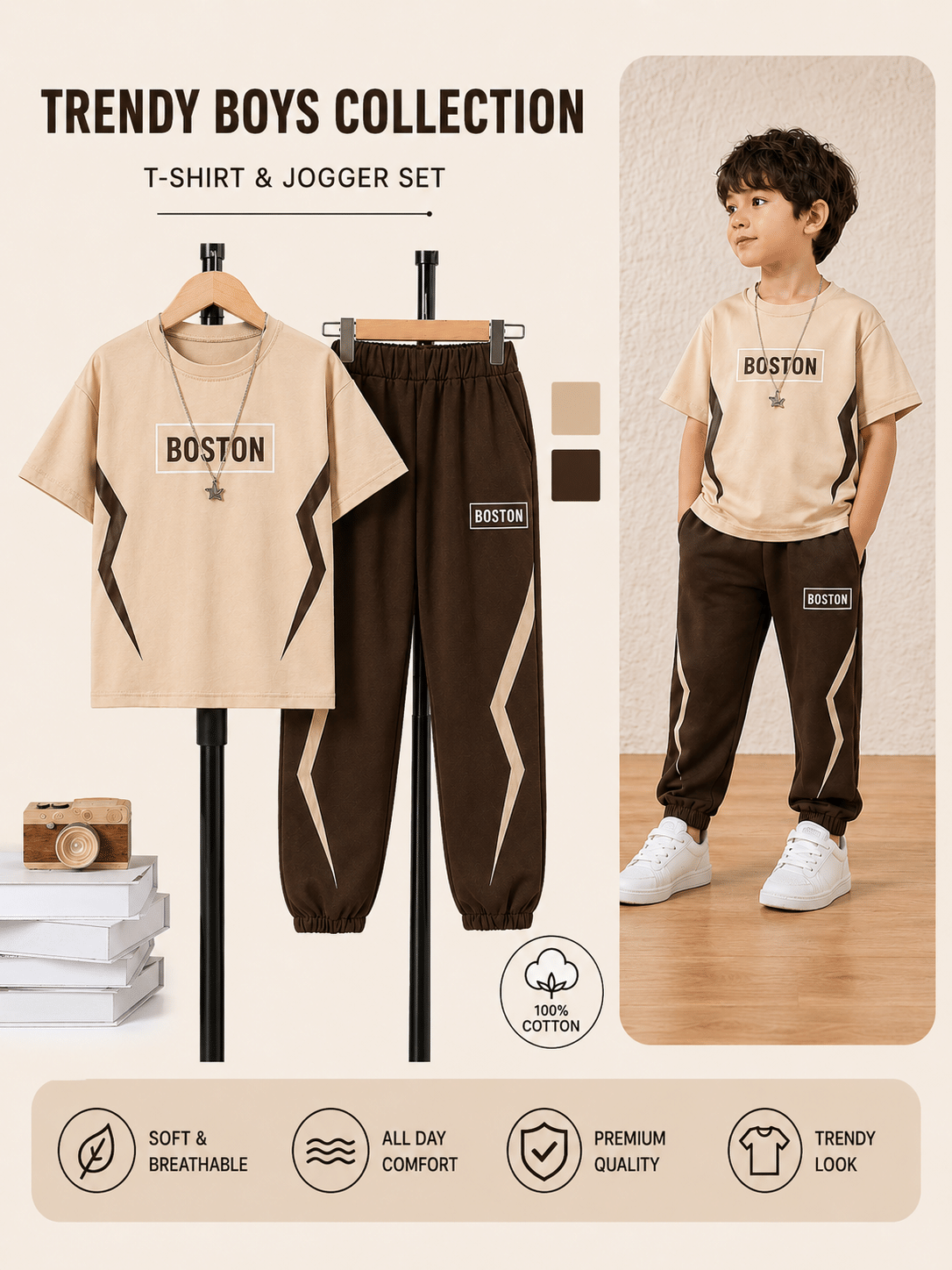 Boys Cotton T-Shirt & Pants Set ( Beige , Pack of 1 ) - Image 3