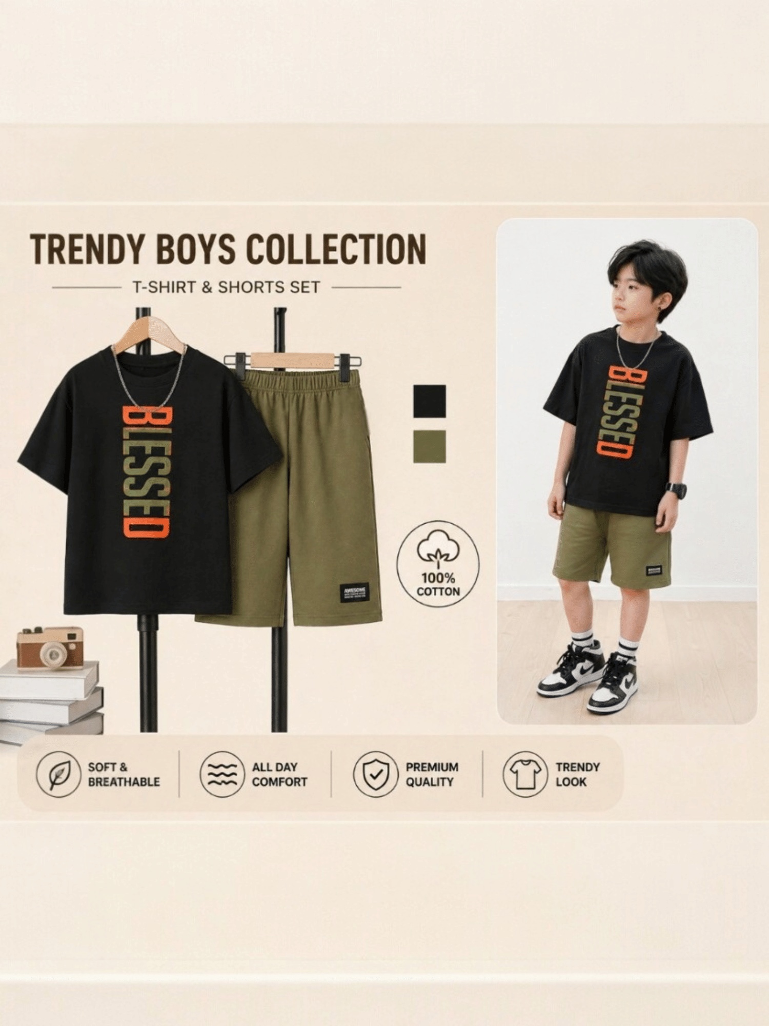 Boys Cotton T-Shirt & Shorts Set ( Black , Pack of 1 ) - Image 3