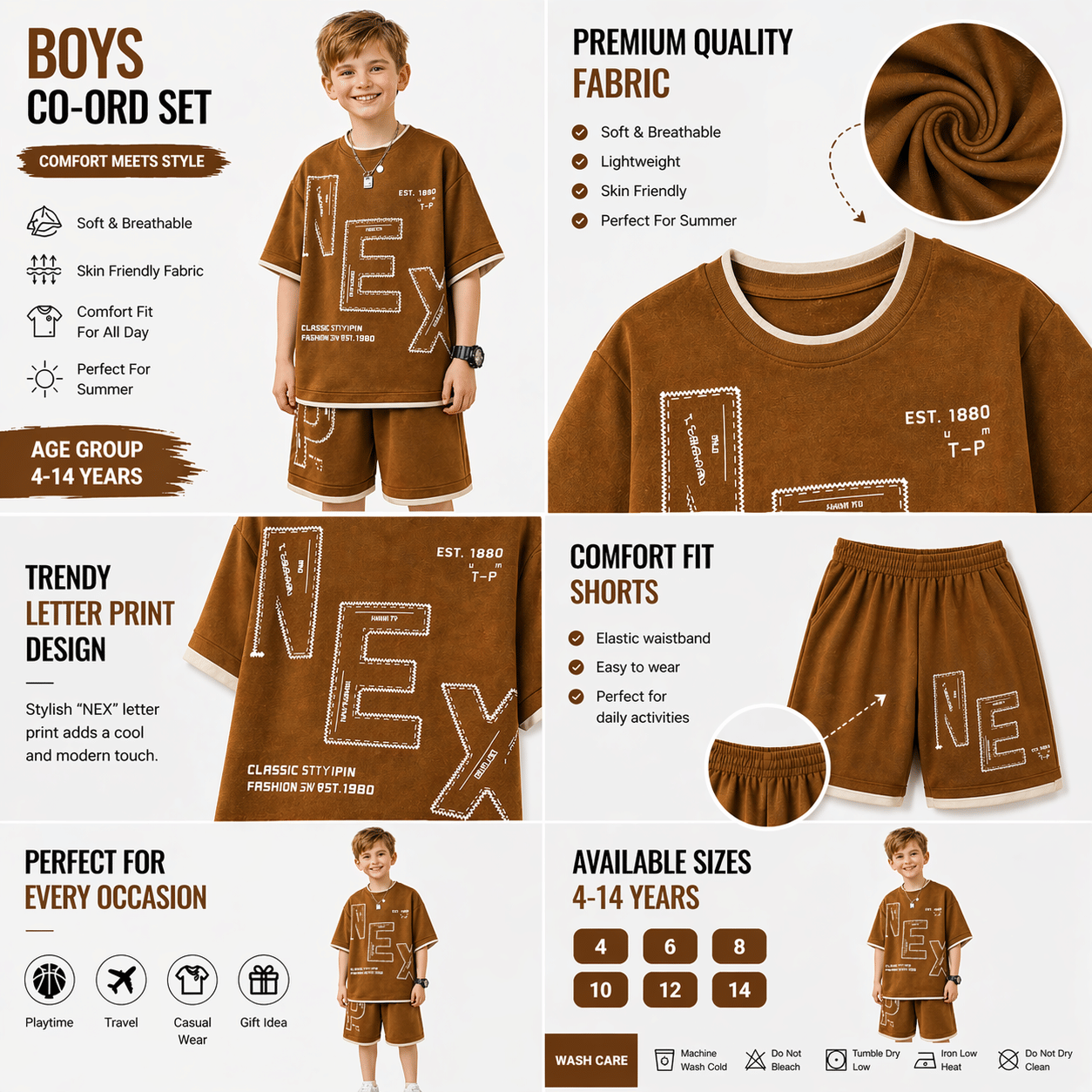 Boys Cotton T-Shirt & Shorts Set ( Brown , Pack of 1 ) - Image 2