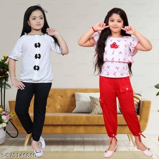 Aadya Pack of 2 Girls Georgette T-shirt & Pants ( White )