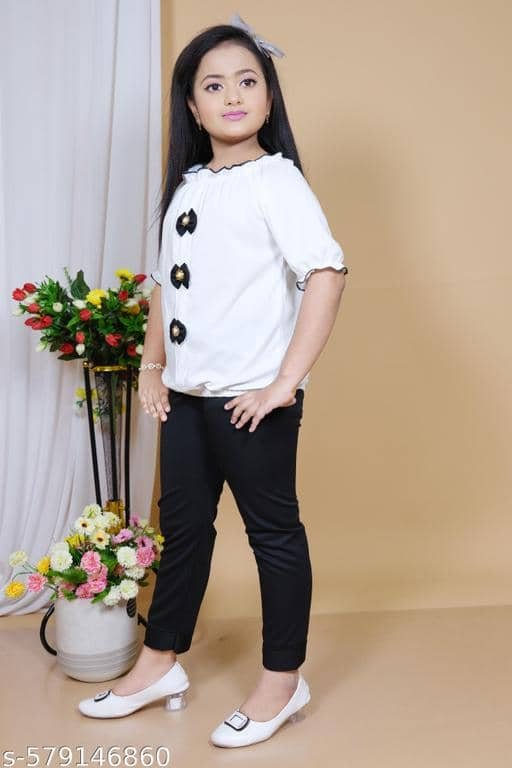 Aadya Pack of 2 Girls Georgette T-shirt & Pants ( White ) - Image 2