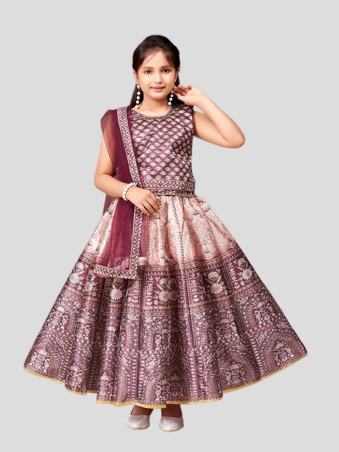 Aarika Silk Lehenga Choli Set For Girls ( Pack of 1 , Brown )
