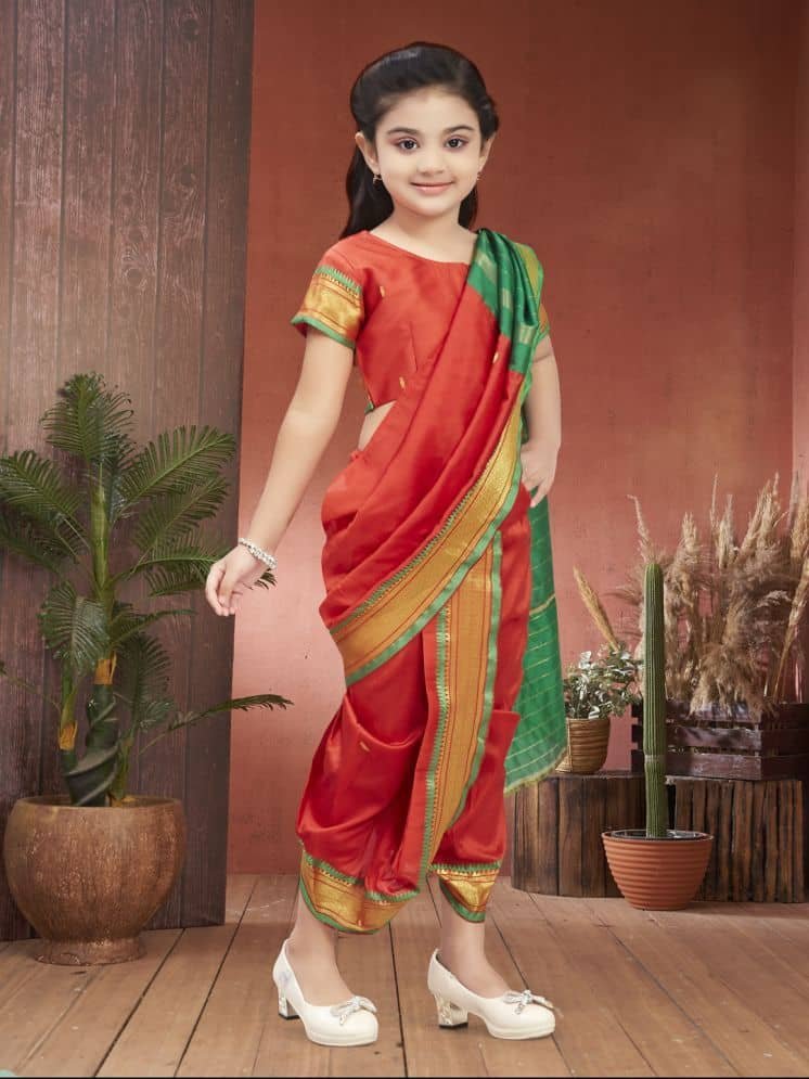 Aarika Silk Maharashtrian Saree For Girls ( Red , Pack of 1 ) - Image 4